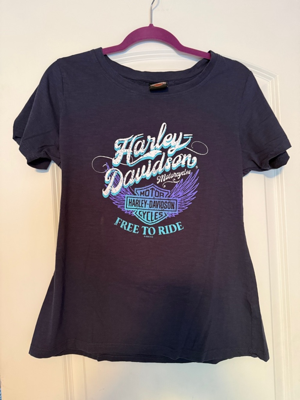 Harley-Davidson Navy Tee with Turquoise & Purple Logo